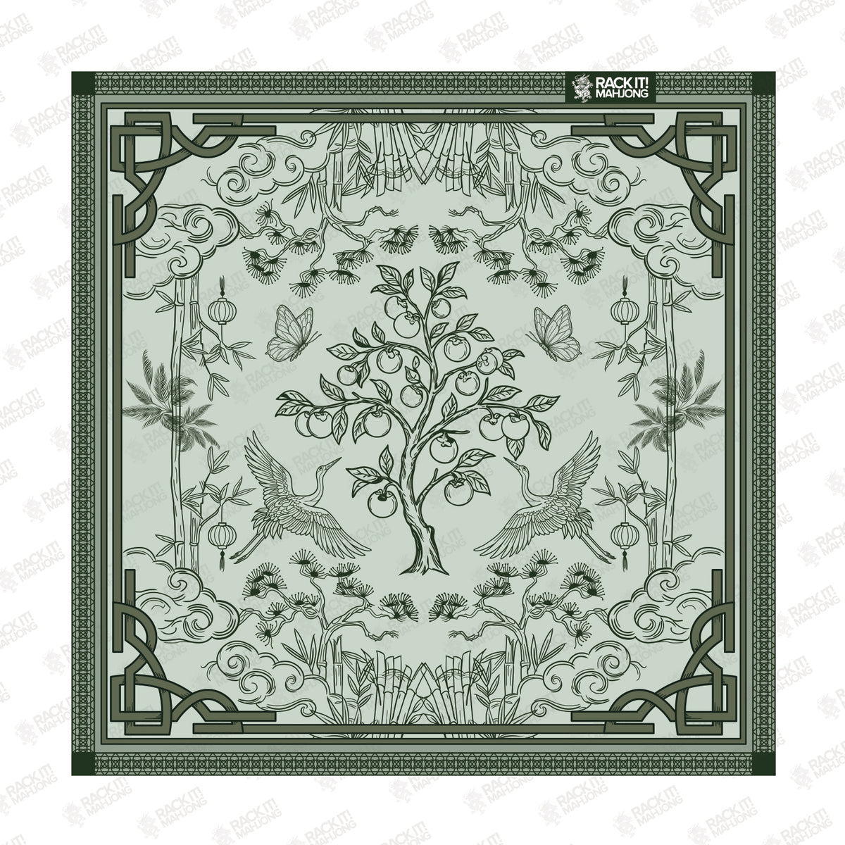 Jade Garden Mahjong Mat artwork: a fruit tree flanked by two cranes, butterflies, lanterns and bamboo
