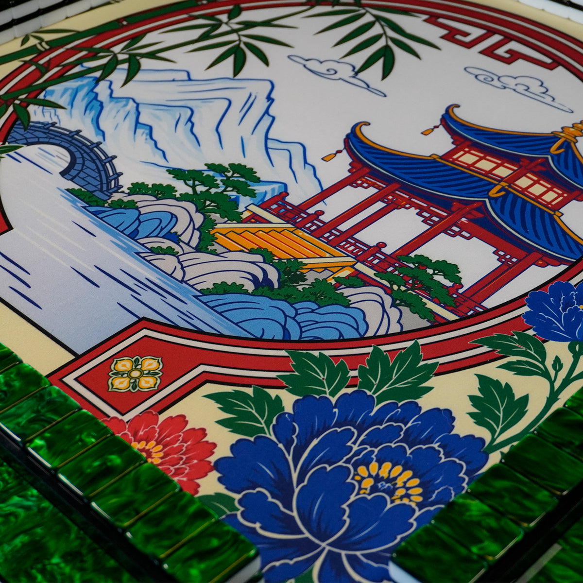 Lake Garden Mahjong Mat with a pagoda, moon gate and peonies, framed by emerald tiles