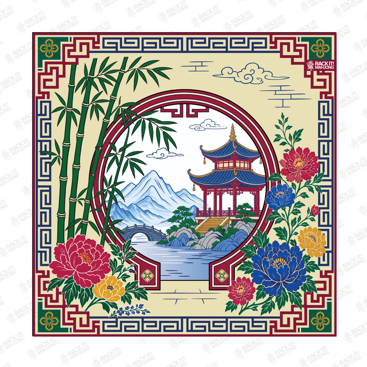 Lake Garden Mahjong Mat artwork: a moon gate framing a pagoda on a lake, with bamboo and peonies